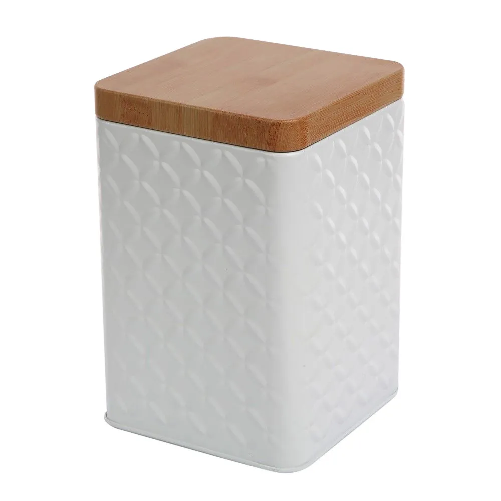 Puszka / pojemnik na produkty sypkie z imitacją bambusowej pokrywki Altom Design Relief kwadratowa Biała 11 x 11 x 16 cm