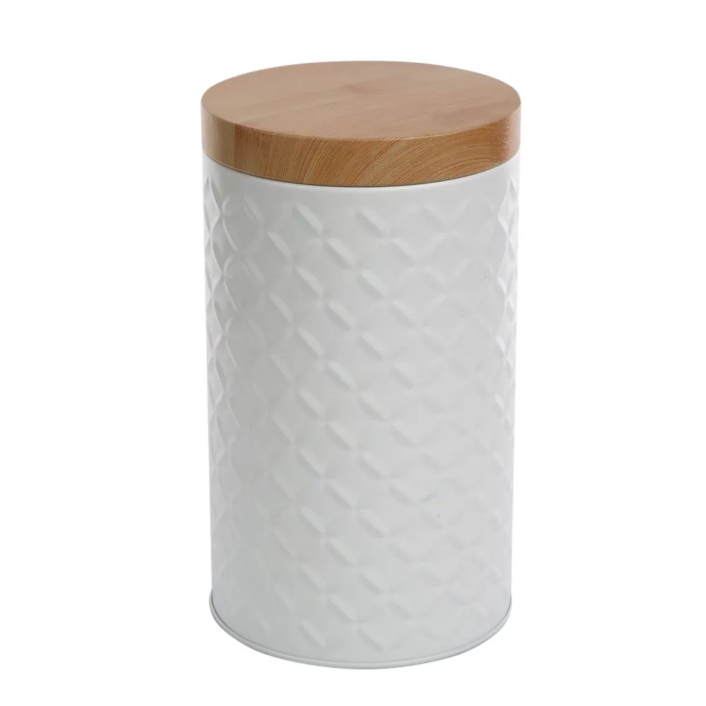 Puszka / pojemnik na produkty sypkie z imitacją bambusowej pokrywki Altom Design Relief okrągła Biała 11 x 19 cm