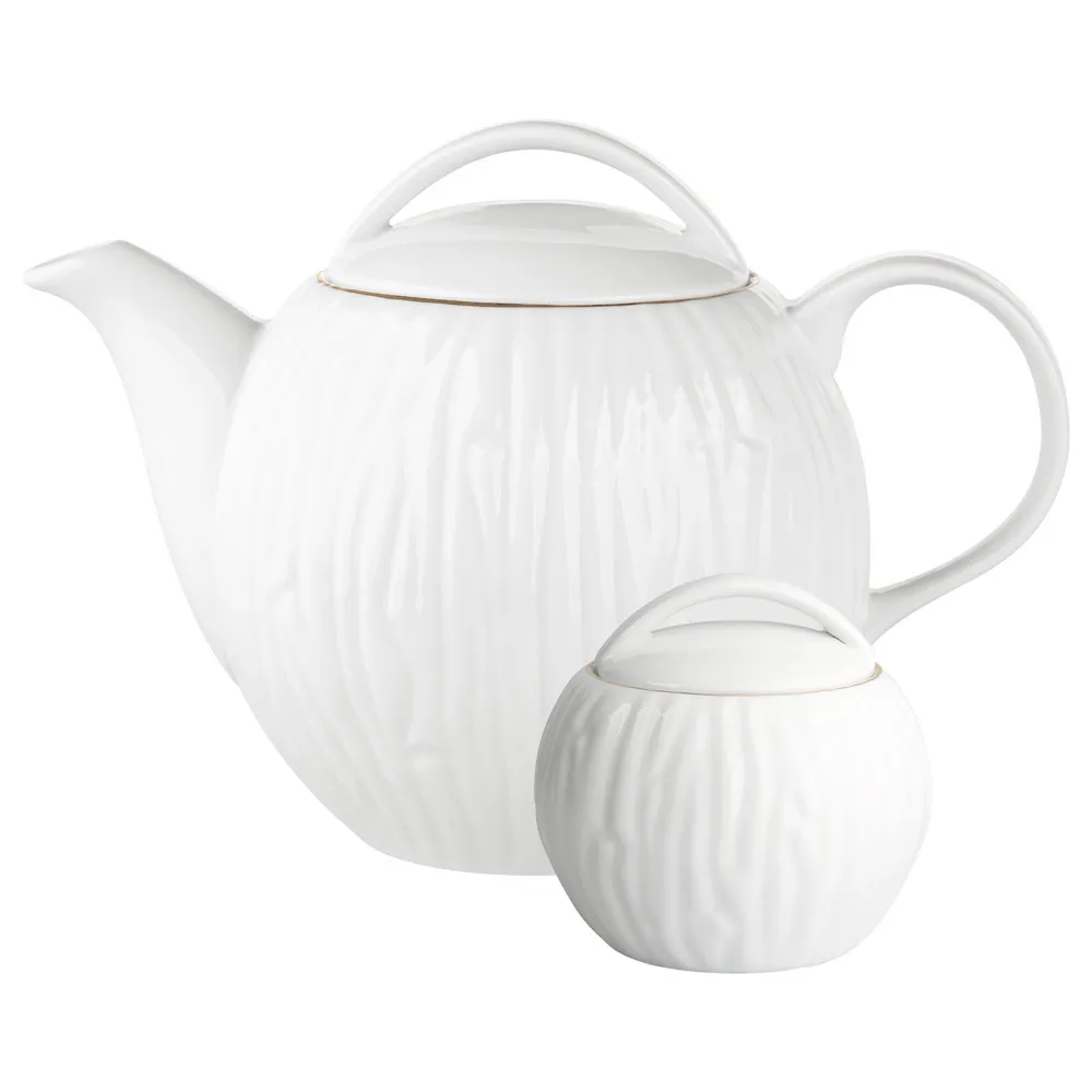 Cukiernica i dzbanek do herbaty porcelanowe MariaPaula Natura Złota Linia biała