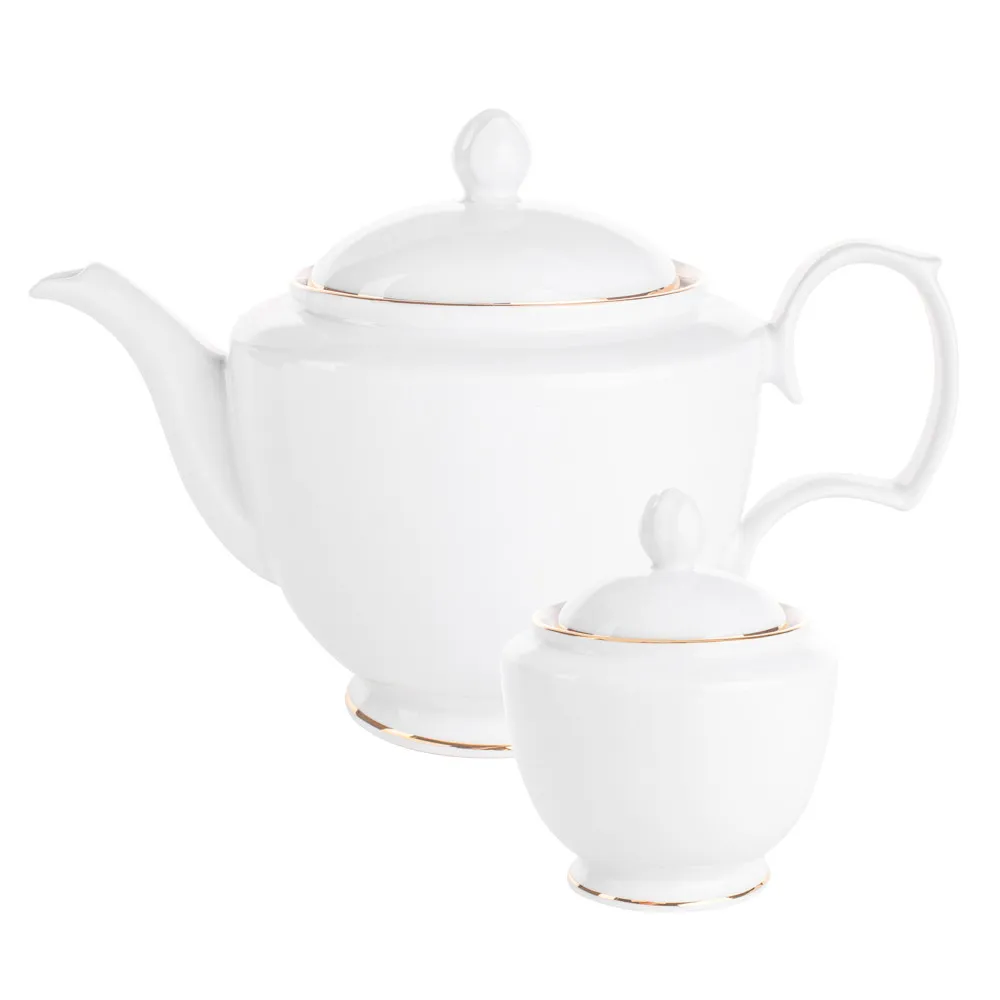Cukiernica i dzbanek do herbaty porcelanowe MariaPaula Złota Linia biała