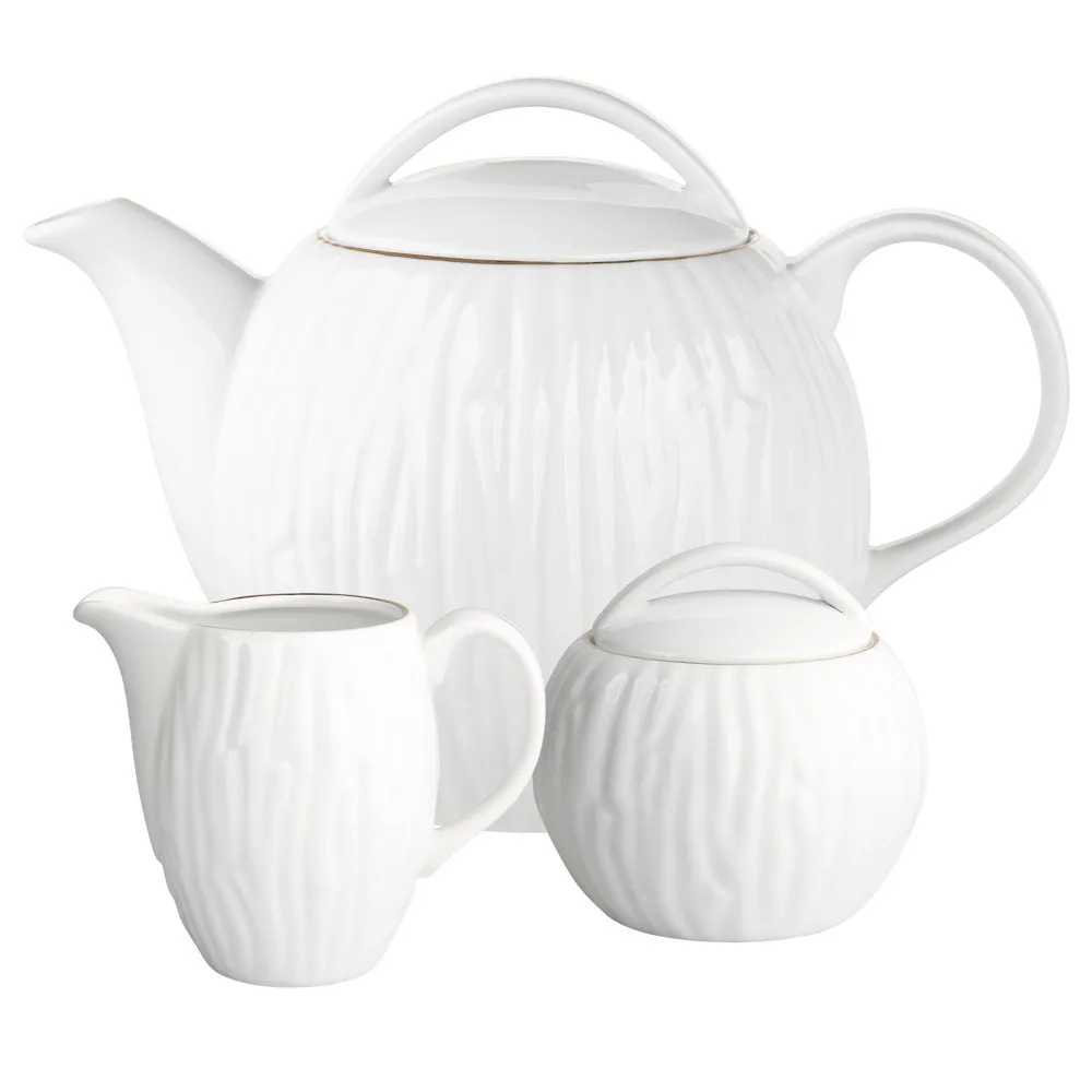 Cukiernica, mlecznik i dzbanek do herbaty porcelanowe MariaPaula Natura Złota Linia biała