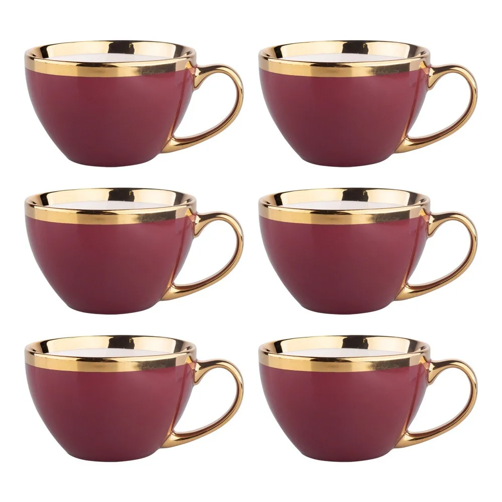 Duże filiżanki do kawy i herbaty porcelana Jumbo Altom Design Aurora Gold Bordowa 400 ml, zestaw 6 filiżanek