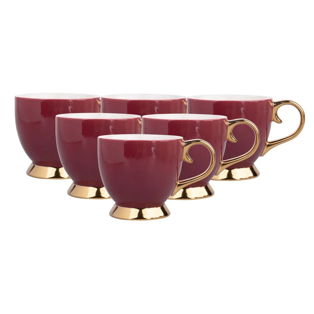 Duże filiżanki do kawy i herbaty porcelana Jumbo na stopce Altom Design Aurora Gold Bordowa 400 ml, zestaw 6 filiżanek