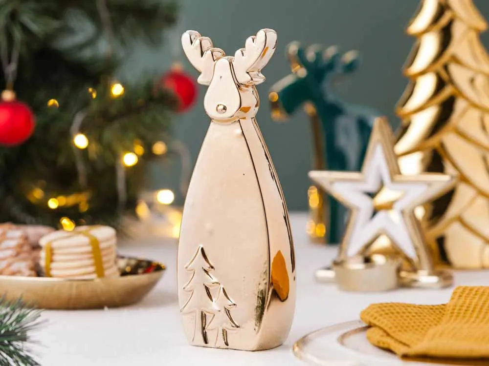 Figurka / ozdoba dekoracja świąteczna ceramiczna na Boże Narodzenie Altom Design Renifer Złoty Szmaragdowe Święta 21 cm