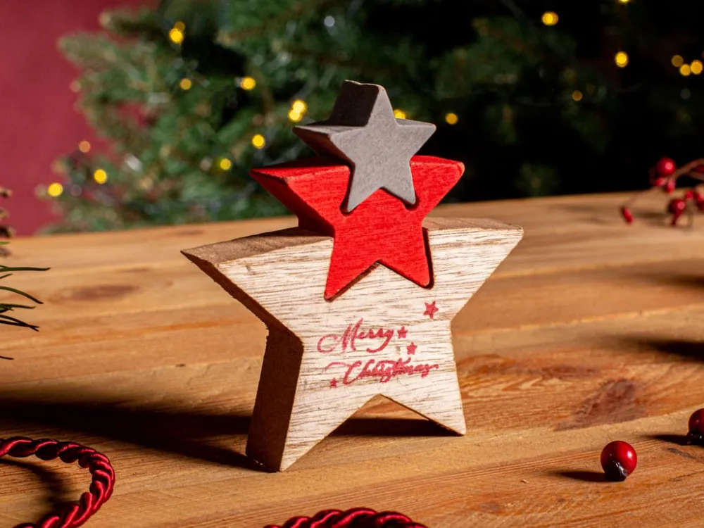 Figurka / ozdoba / dekoracja świąteczna / drewniana święta Boże Narodzenie Altom Design gwiazdka potrójna 11 x 11,5 cm
