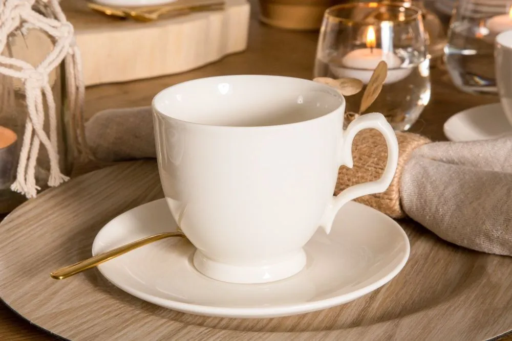 Filiżanka do kawy i herbaty porcelanowa ze spodkiem MariaPaula Ecru kremowa 350 ml