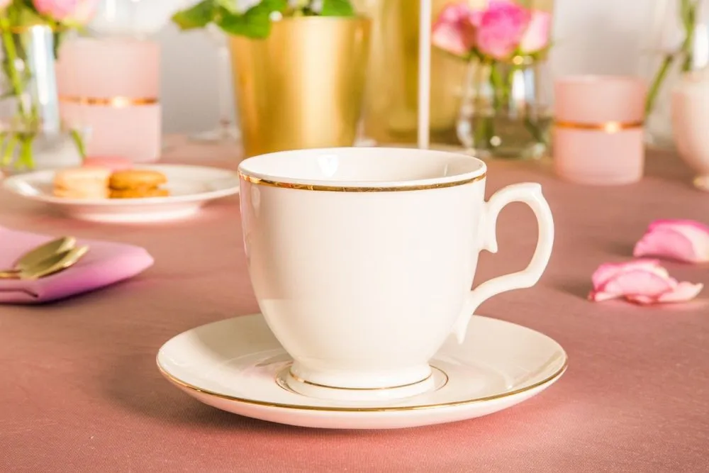 Filiżanka do kawy i herbaty porcelanowa ze spodkiem MariaPaula Ecru Złota Linia kremowa 350 ml 