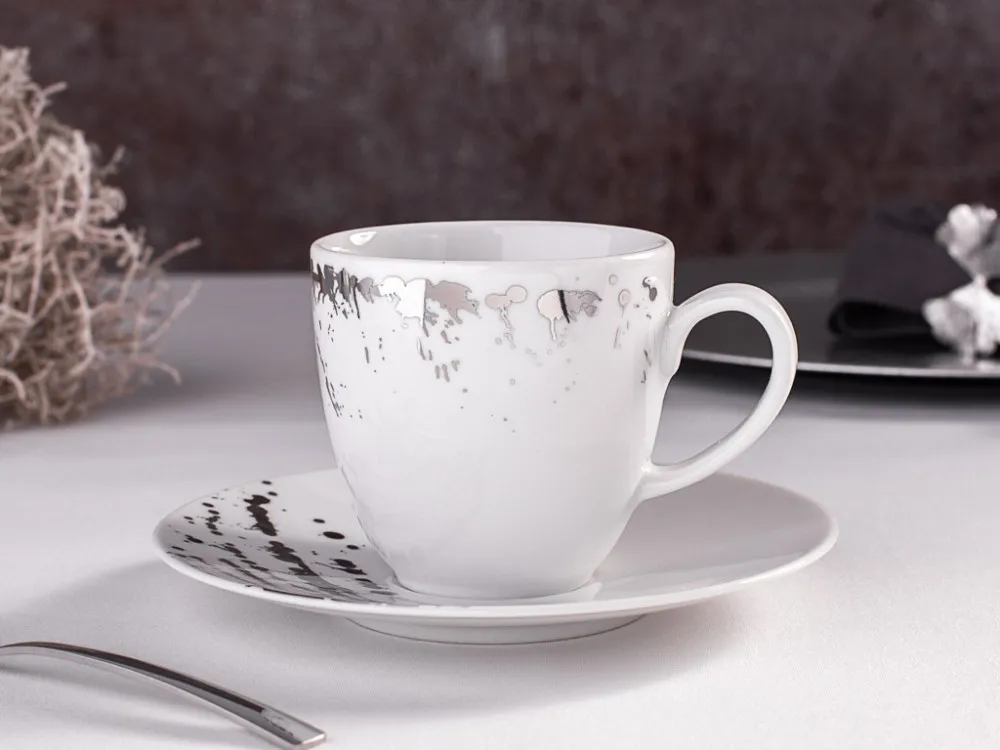 Filiżanka ze spodkiem do kawy i herbaty porcelana Karolina Splendor 250 ml biała z platyną