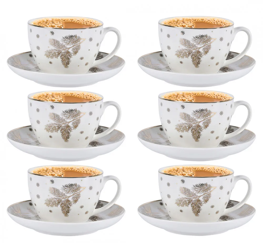 Filiżanki do kawy i herbaty ze spodkiem porcelanowe świąteczne Altom Design Golden Winter 200 ml, 6 szt.
