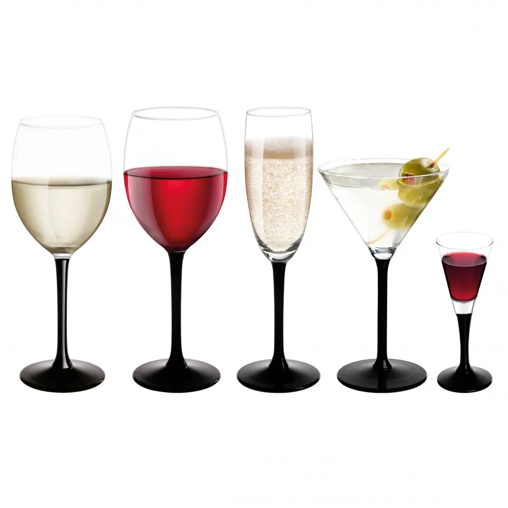 Kieliszki do wina białego, czerwonego, szampana, martini i likieru Altom Design Onyx z czarną nóżką, komplet 30 szt.