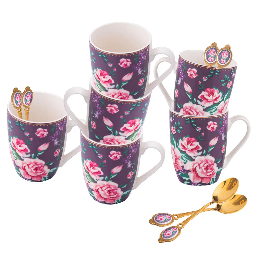 Kubki do kawy i herbaty porcelanowe z łyżeczkami Altom Design Charlotta 300 ml fioletowe, 6 szt.