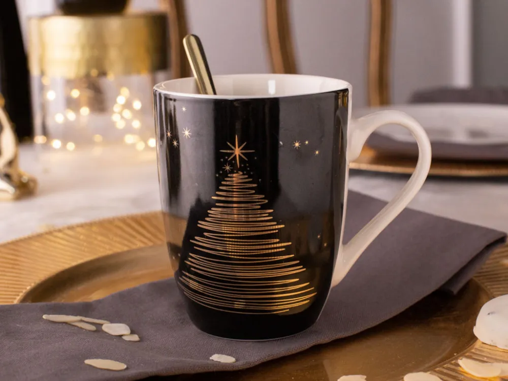 Kubek porcelanowy do kawy i herbaty świąteczny Boże Narodzenie Altom Design Golden Christmas 300 ml czarny