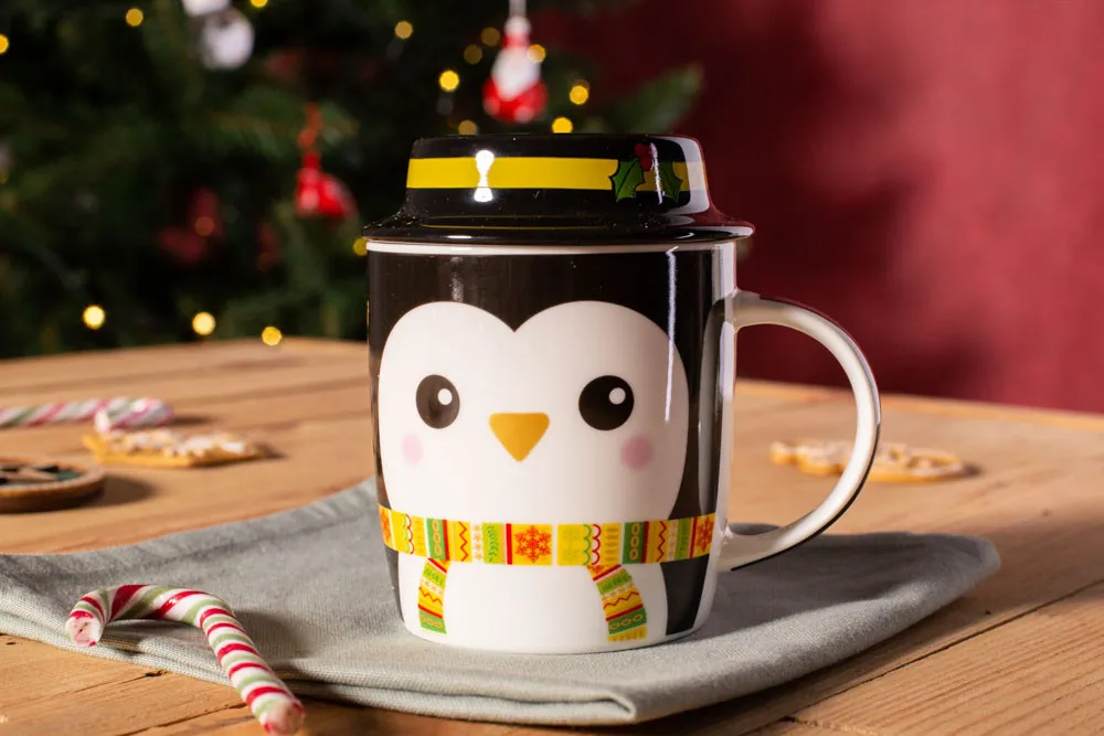 Kubek porcelanowy świąteczny dla dzieci / na prezent Altom Design Pingwinek z pokrywką 330 ml 