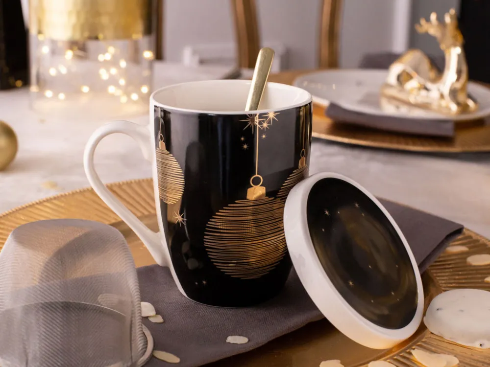 Kubek z zaparzaczem do herbaty i ziół porcelanowy święta Boże Narodzenie Altom Design Golden Christmas 300 ml czarny