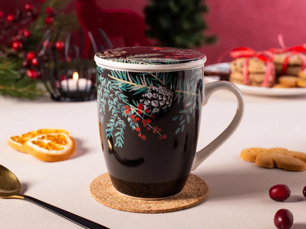 Kubek z zaparzaczem do herbaty i ziół porcelanowy święta Boże Narodzenie Altom Design Wonderland 300 ml czarny