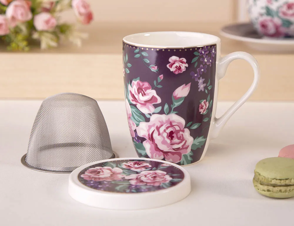 Kubek z zaparzaczem i pokrywką do herbaty i ziół porcelanowy Altom Design Charlotta 300 ml fioletowy