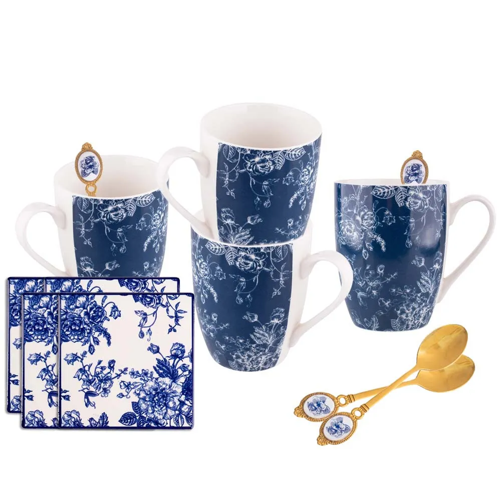 Kubki do kawy i herbaty porcelanowe z łyżeczkami i podkładki Altom Design Elisabeth, 4 szt.
