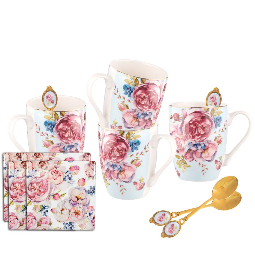 Kubki do kawy i herbaty porcelanowe z łyżeczkami i podkładki Altom Design Scarlett, 4 szt.