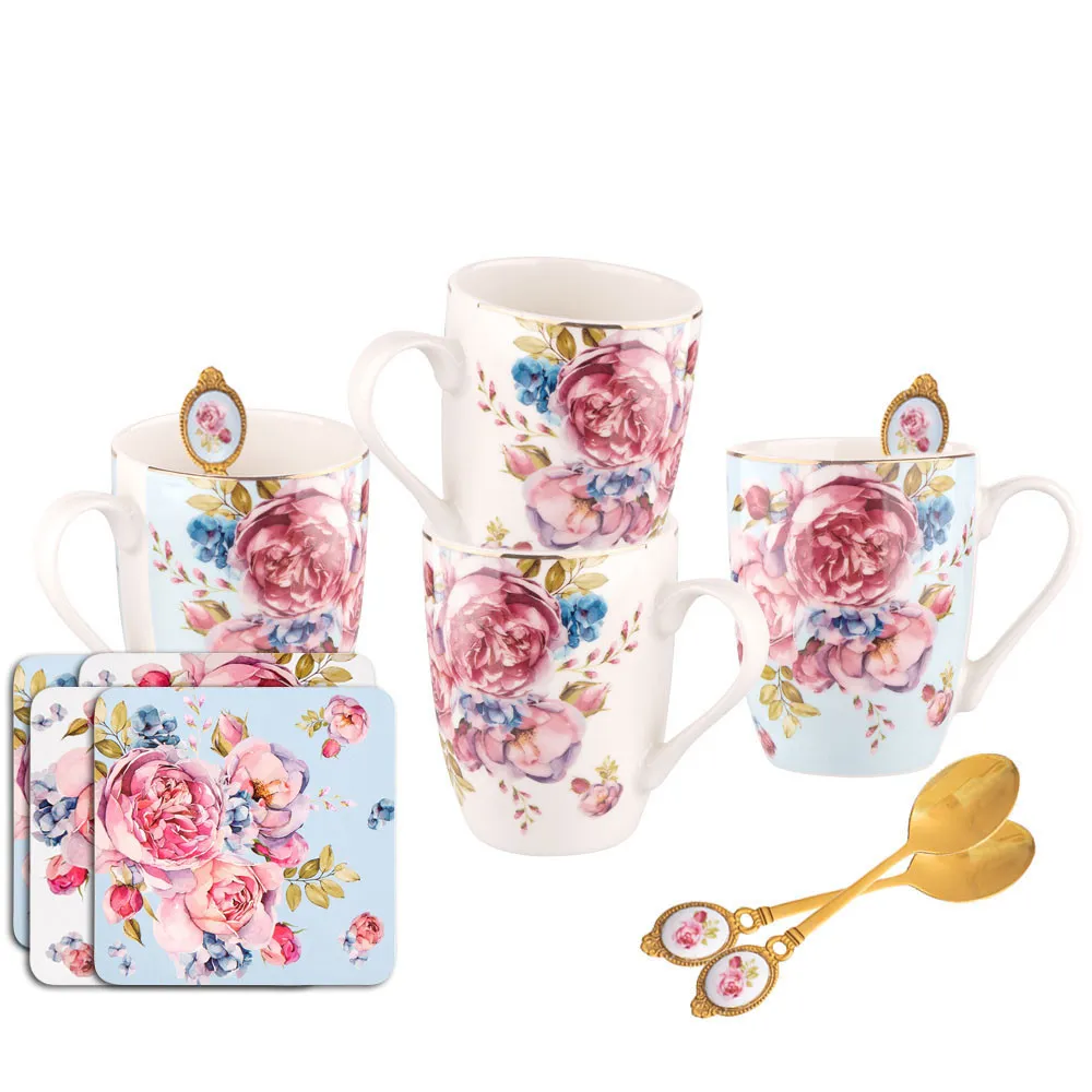 Kubki do kawy i herbaty porcelanowe z łyżeczkami i podkładki Altom Design Scarlett, 4 szt.
