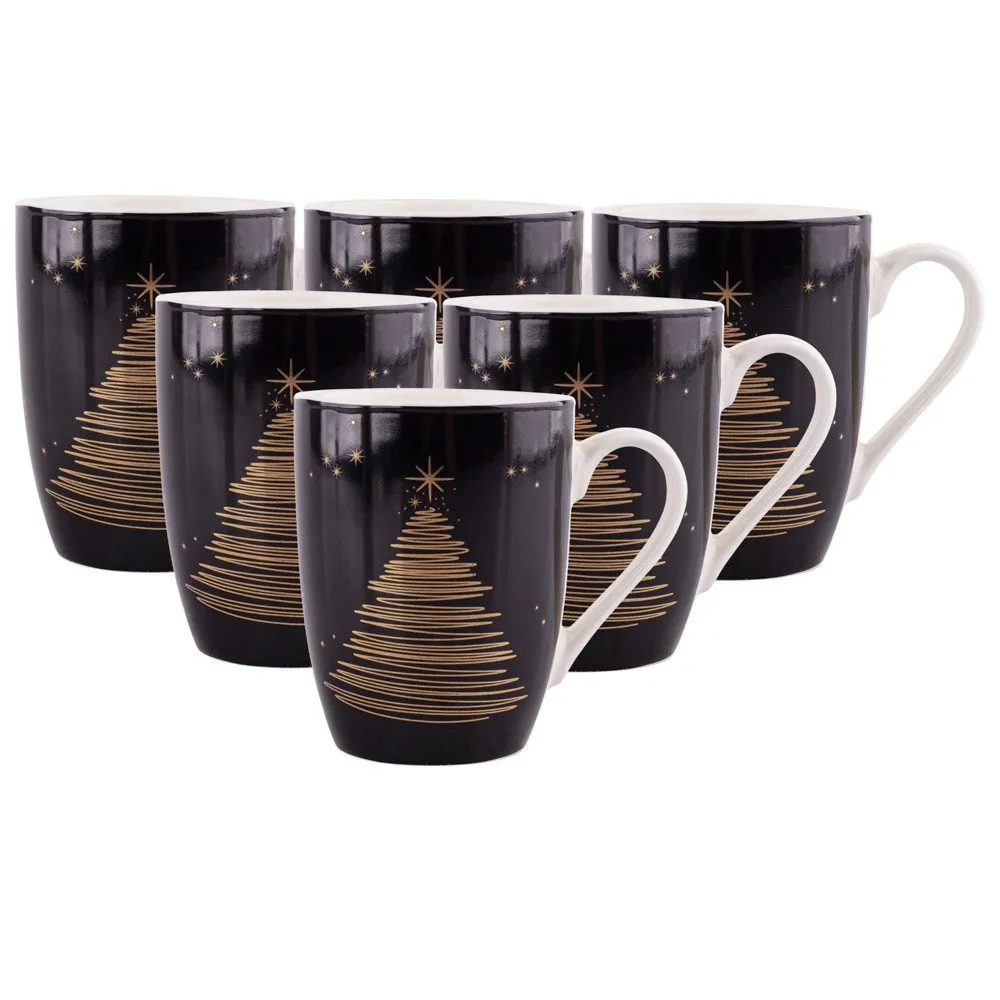 Kubki porcelanowe do kawy i herbaty świąteczne Boże Narodzenie Altom Design Golden Christmas 300 ml czarne, zestaw 6 kubków