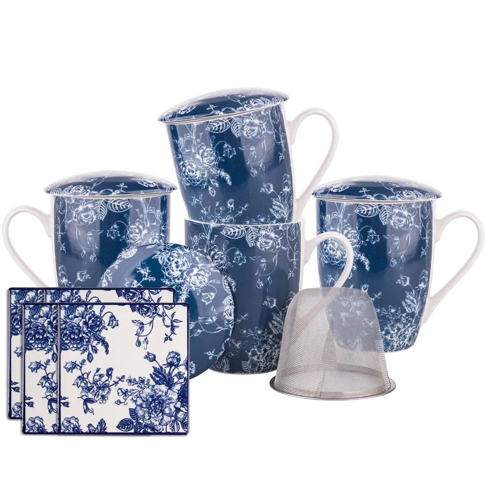 Kubki z zaparzaczem do herbaty i ziół porcelanowe i podkładki Altom Design Elisabeth, 4 szt.