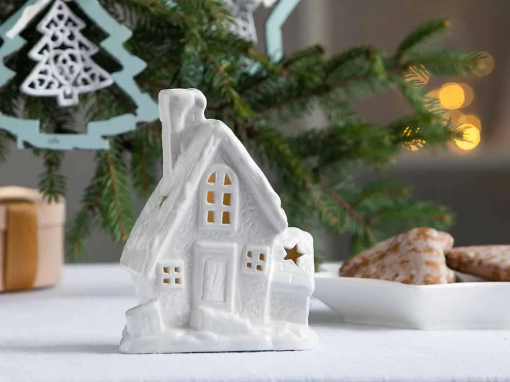 Lampion / figurka porcelana / ozdoba świąteczna Domek Altom Design LED średni