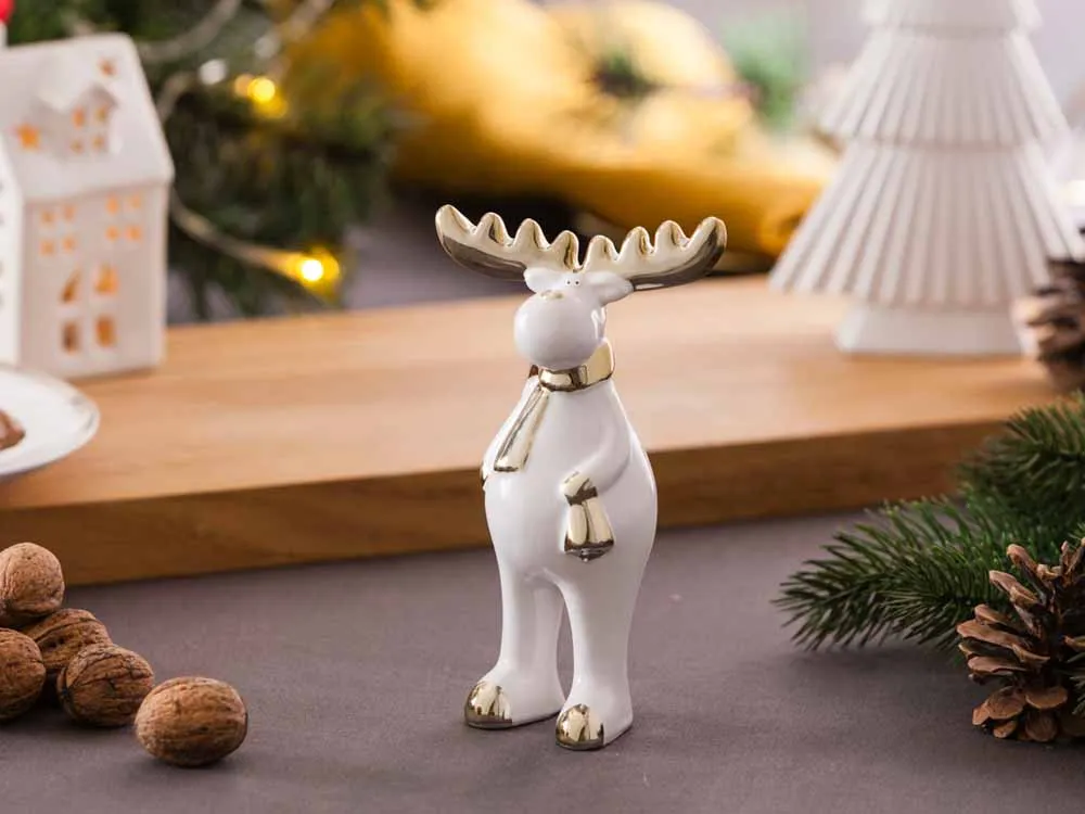 Ozdoba / dekoracja świąteczna / figurka dekoracyjna święta Boże Narodzenie Altom Design Renifer stojący biało-złoty 15,5cm