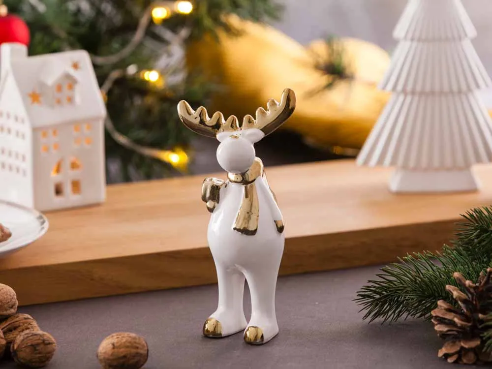 Ozdoba / dekoracja świąteczna / figurka dekoracyjna święta Boże Narodzenie Altom Design Renifer stojący biało-złoty 16 cm