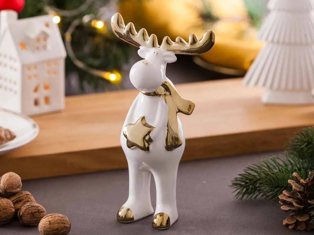 Ozdoba / dekoracja świąteczna / figurka dekoracyjna święta Boże Narodzenie Altom Design Renifer stojący biało-złoty 21 cm