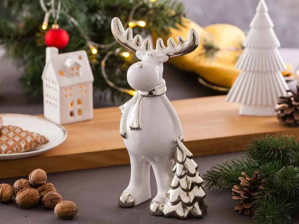 Ozdoba / dekoracja świąteczna / figurka dekoracyjna święta Boże Narodzenie Altom Design Renifer stojący biało-złoty 27,5 cm