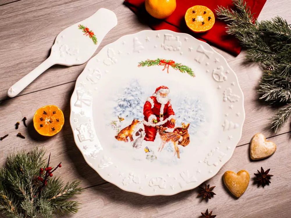 Patera na ciasto i tort / talerz porcelanowy z łopatką Marco Polo Christmas Carol 30 cm (opakowanie prezentowe)
