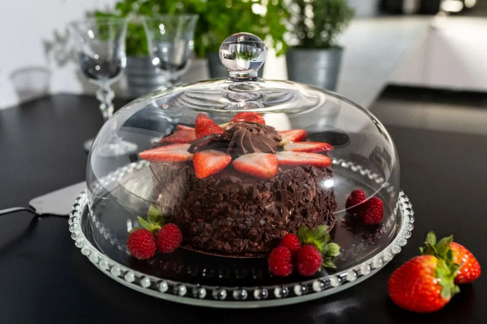 Patera / talerz szklany na ciasto i tort z kloszem Huta Jasło 32 cm
