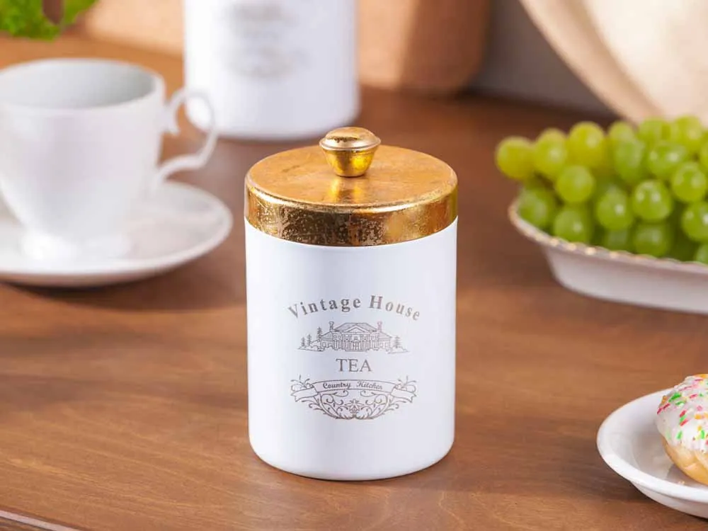 Pojemnik / puszka do przechowywania kawy, herbaty, cukru, ciasteczek Altom Design okrągła ze złotą pokrywką Tea 9 x 11,5 cm