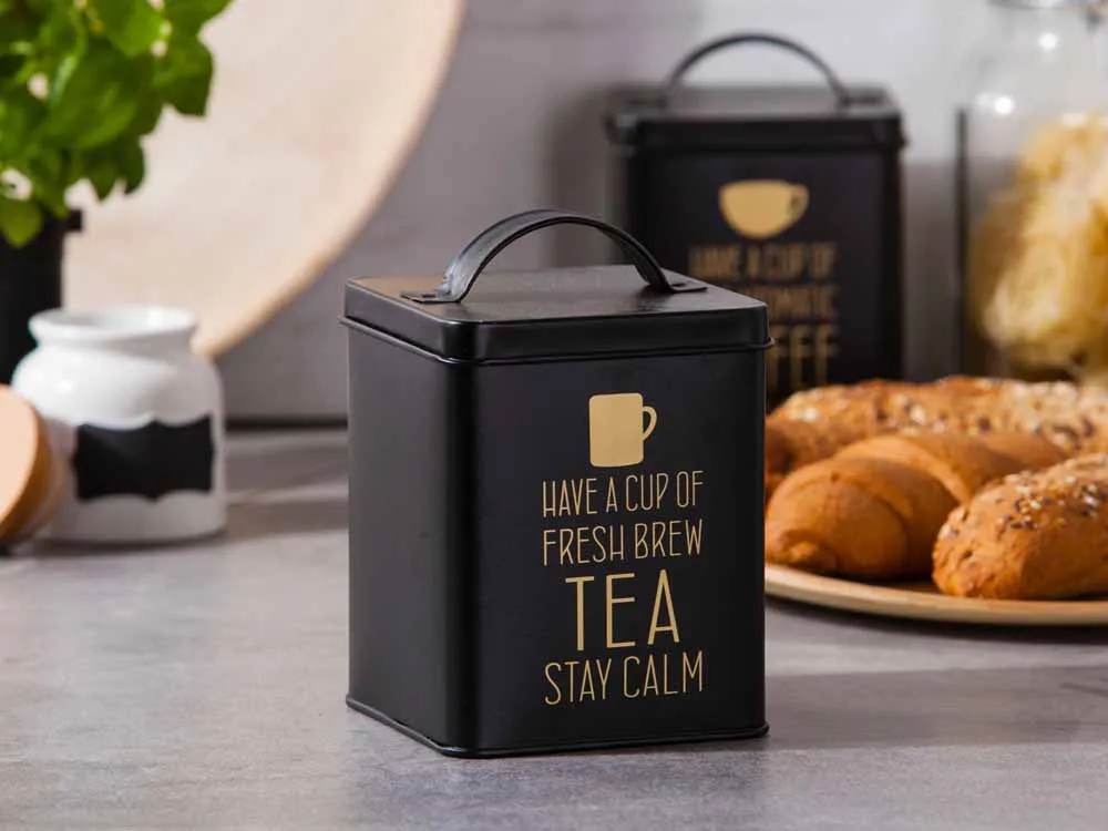 Puszka / pojemnik kuchenny na kawę, herbatę i produkty sypkie Altom Design Tea matowy Złote Napisy 11 x 14 cm