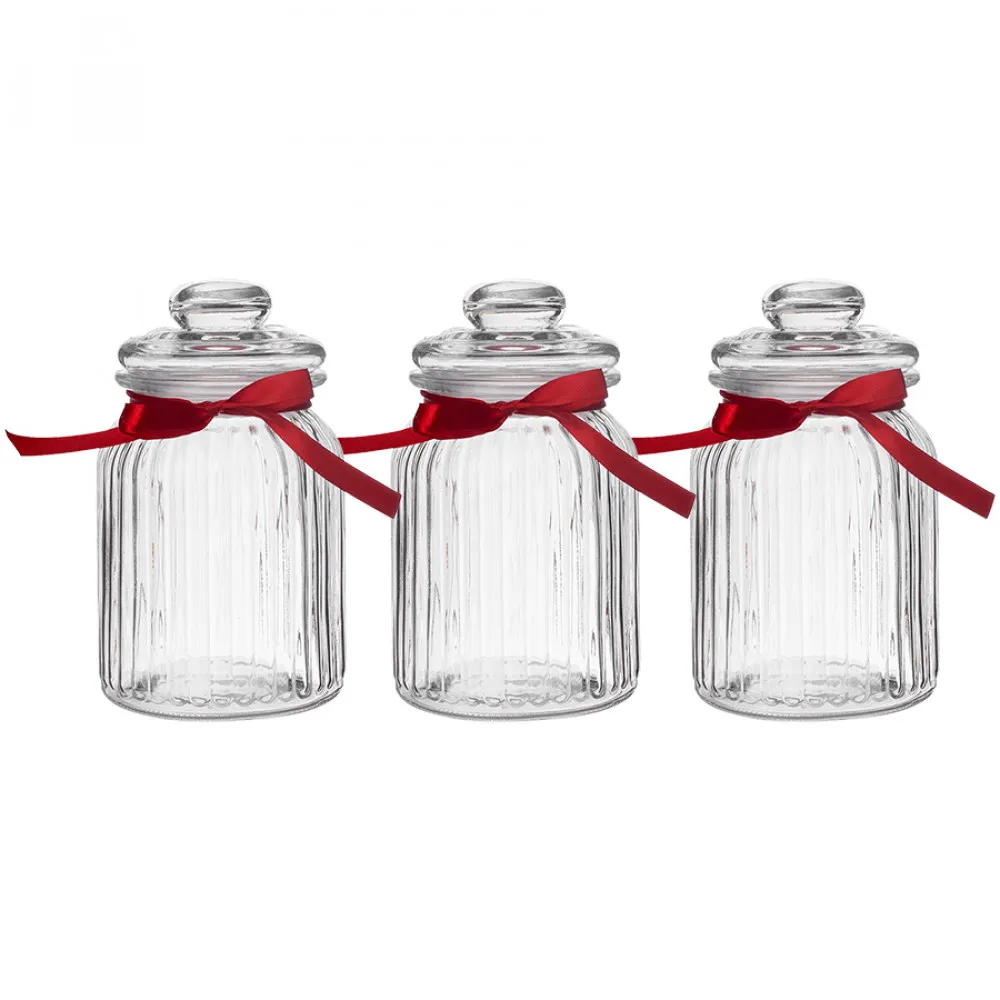 Słoiki / pojemniki szklane do przechowywania żywności Altom Design z czerwoną kokardką 900 ml, zestaw 3 słoików