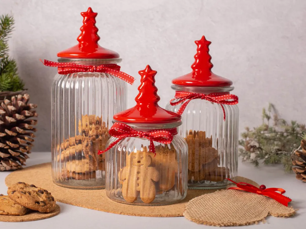 Słoiki / pojemniki szklane na ciastka i pierniki z ceramiczną pokrywką Altom Design Choinka czerwona, zestaw 3 słoików