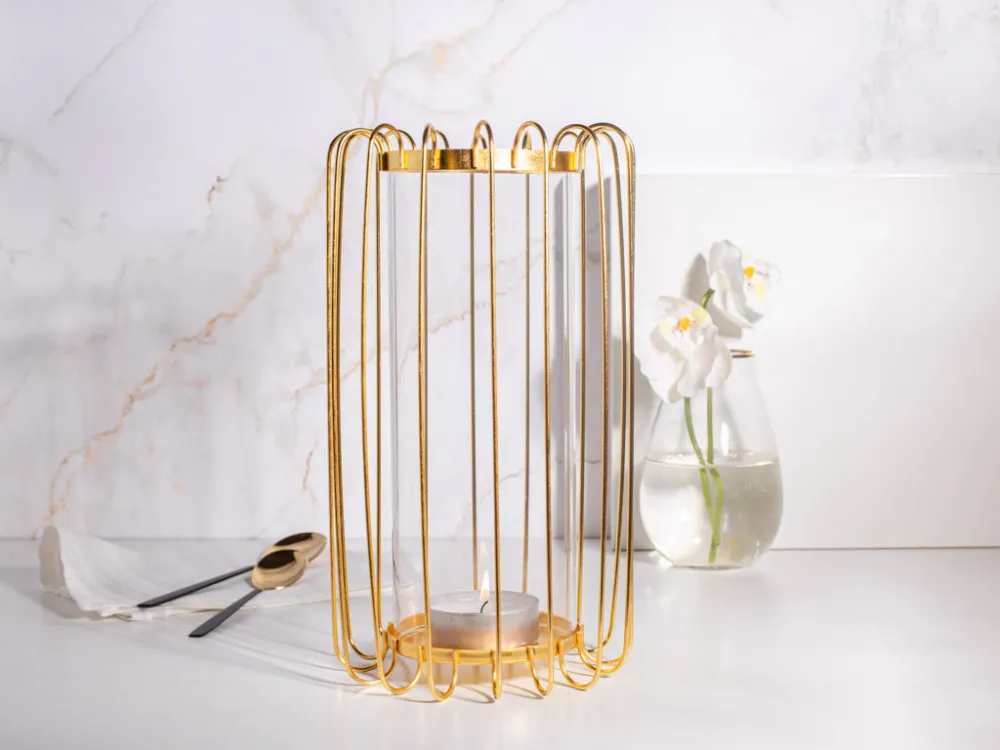 Świecznik metalowy Altom Design szprosowy złoty 16 x 16 x 28 cm z wkładem szklanym
