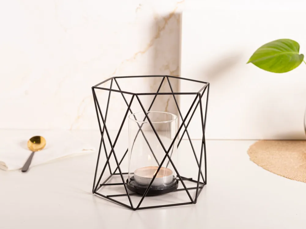 Świecznik metalowy geometryczny Altom Design czarny 16,5 cm z wkładem szklanym
