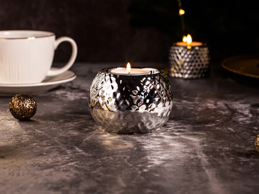 Świecznik ozdobny porcelanowy na tealighty / podgrzewacze Altom Design srebrny 6 cm