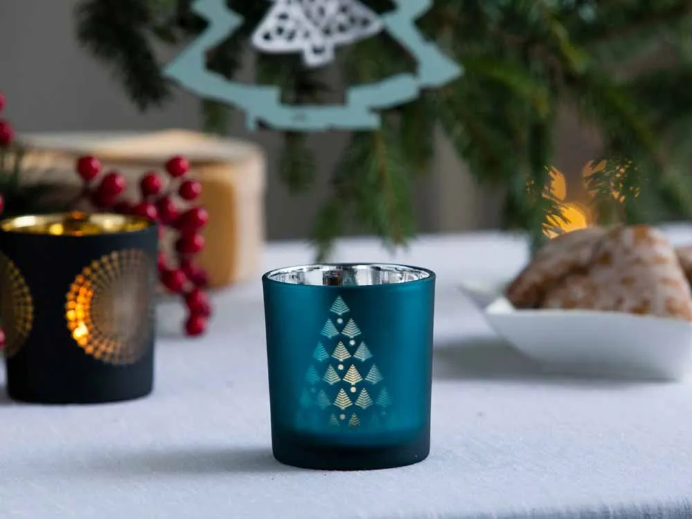 Świecznik świąteczny szklany ozdobny dekoracyjny na tealight Altom Design Choinka turkusowy