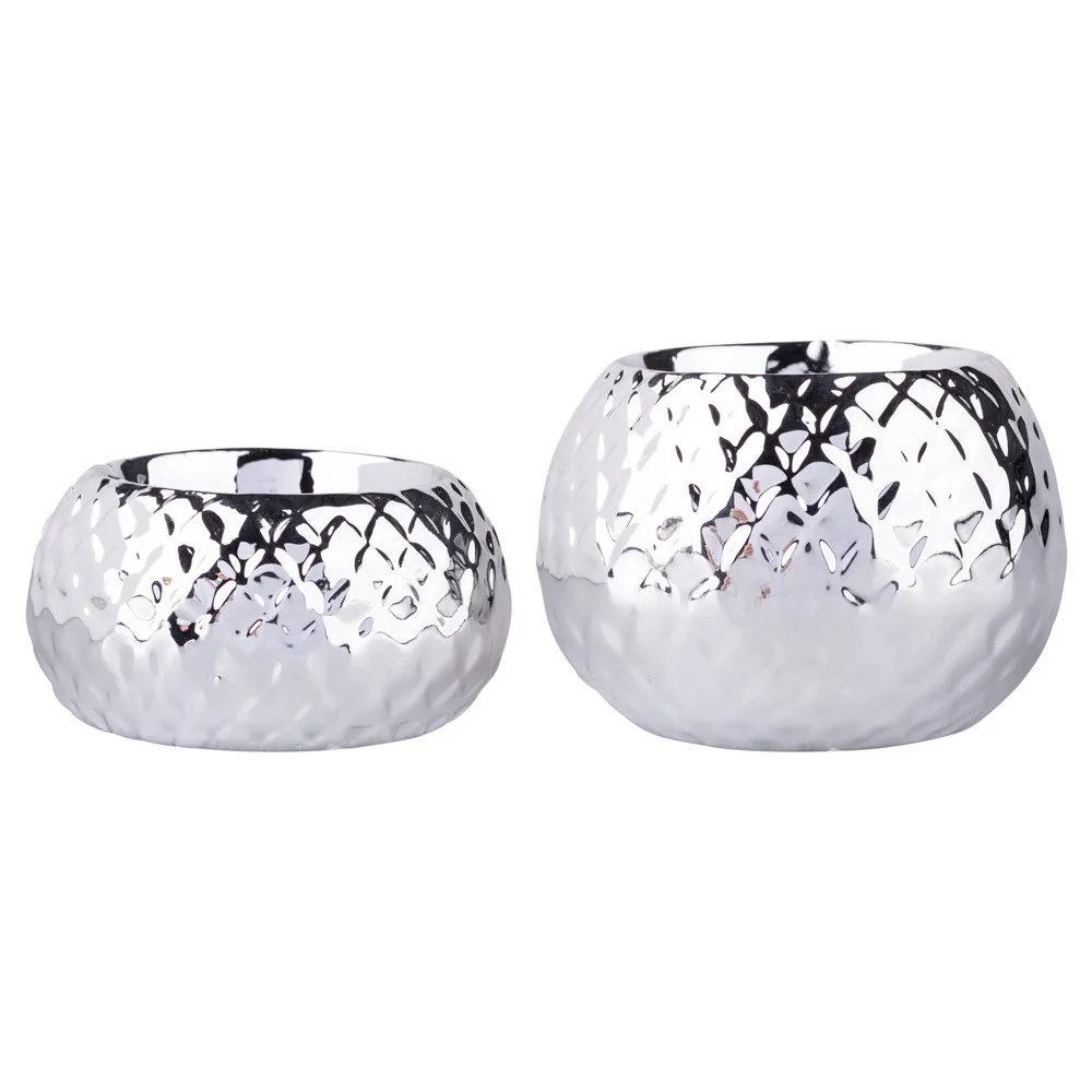 Świeczniki ozdobne porcelanowe na tealighty / podgrzewacze Altom Design srebrne, zestaw 2 świeczników