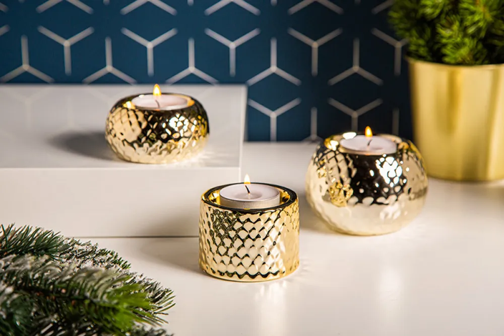 Świeczniki ozdobne porcelanowe na tealighty / podgrzewacze Altom Design złote, zestaw 3 świeczników