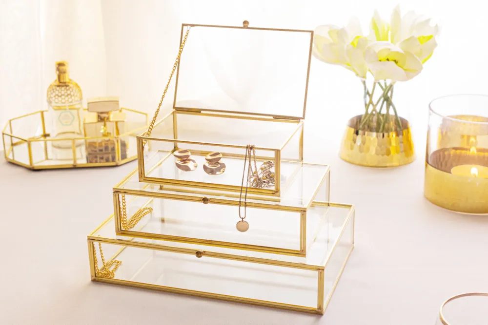 Szkatułki na biżuterię szklane Altom Design Golden Honey, zestaw 3 szkatułek