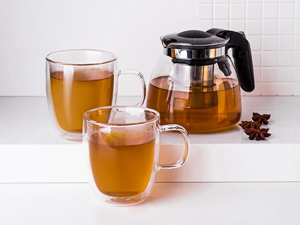 Szklanki / kubki szklane termiczne do kawy i herbaty z podwójną ścianką i dnem Altom Design Andrea 350 ml (komplet 2 szklanek) + dzbanek z zaparzaczem 900 ml