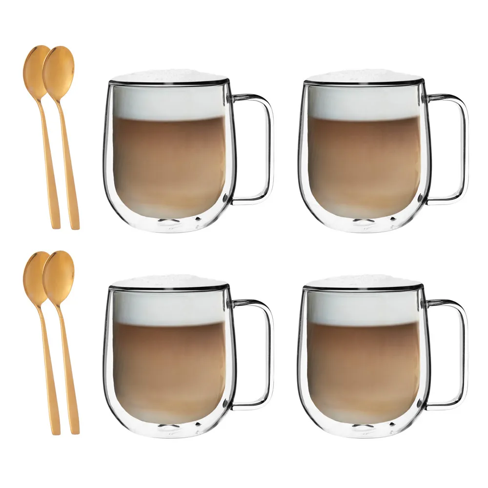 Szklanki termiczne do kawy latte i cappuccino Altom Design Andrea 300 ml + złote łyżeczki, 4 szt.