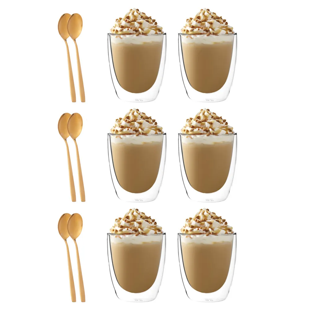 Szklanki termiczne do kawy latte i cappuccino Altom Design Andrea 300 ml i złote łyżeczki, 6 szt.