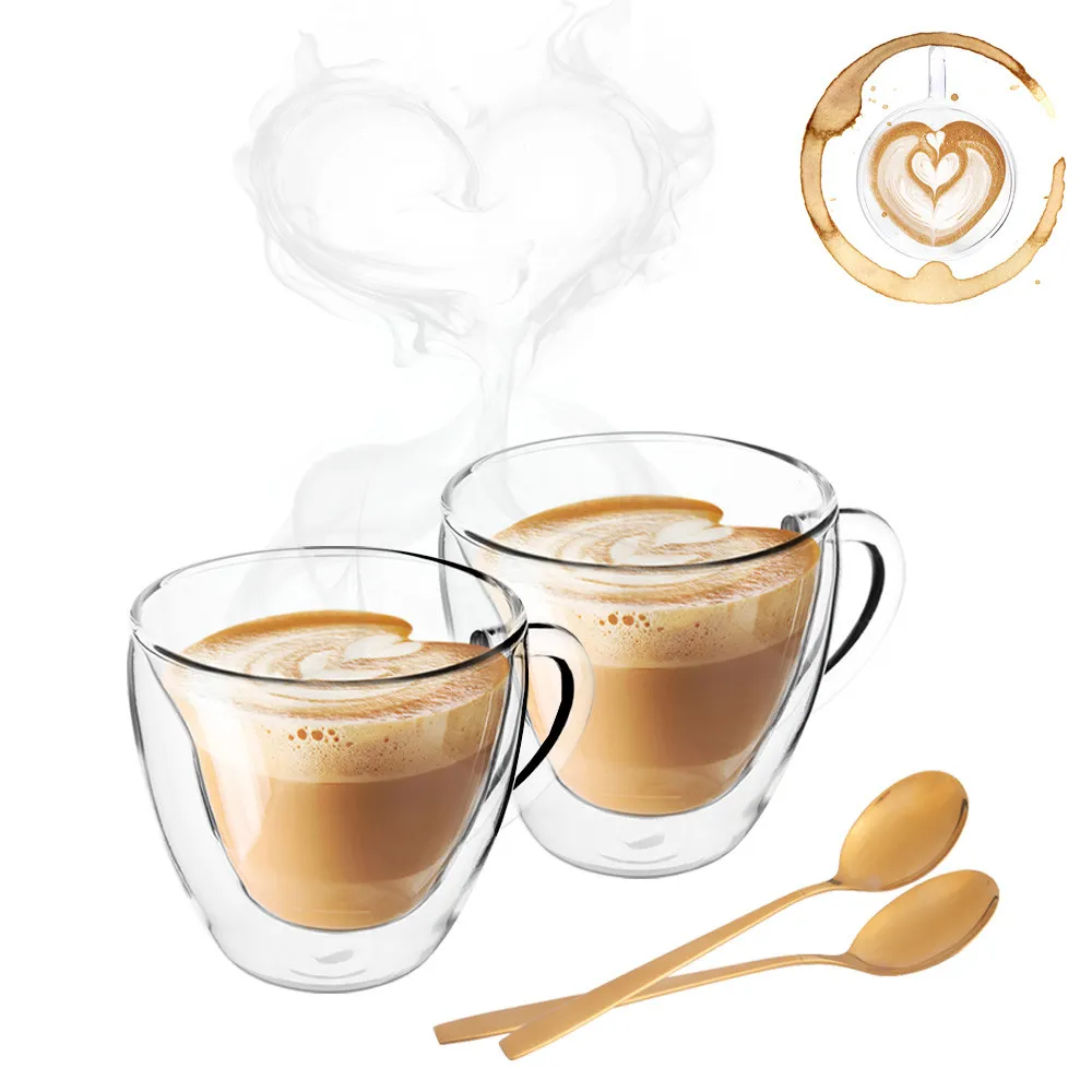 Szklanki termiczne do kawy Altom Design Andrea 250 ml z sercem i złotymi łyżeczkami, 2 szt.