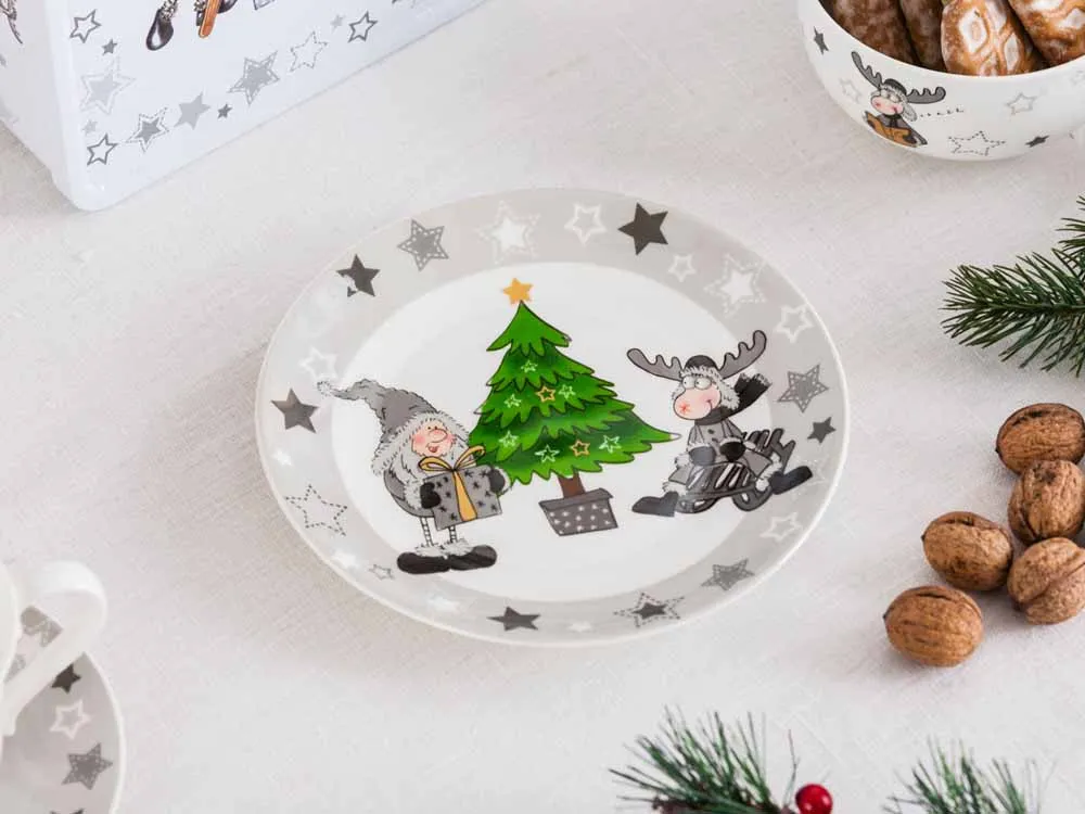 Talerz deserowy porcelanowy święta Boże Narodzenie Altom Design Zimowe Skrzaty 20 cm