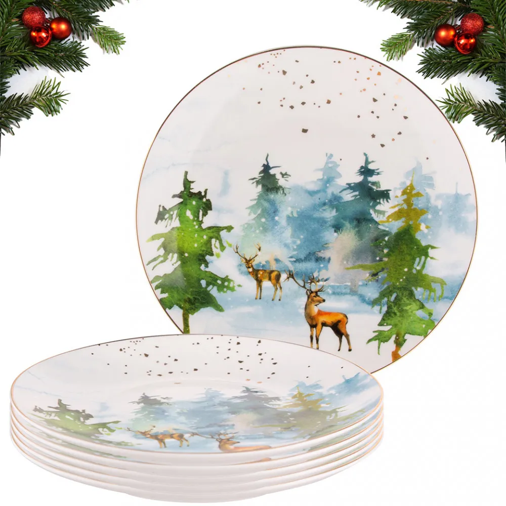 Talerzyki deserowe porcelanowe świąteczne Altom Design Winter Forest Jeleń 20 cm, 6 szt.