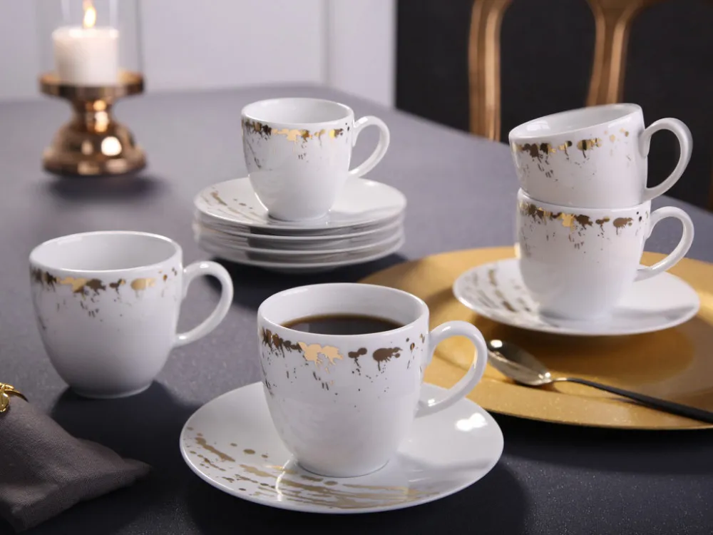Serwis kawowy porcelanowy Karolina Splendor biały złoty na 6 osób (12 el.)